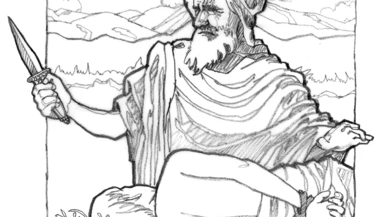 Illustration of Abraham preparing to offer Isaac as a sacrifice.