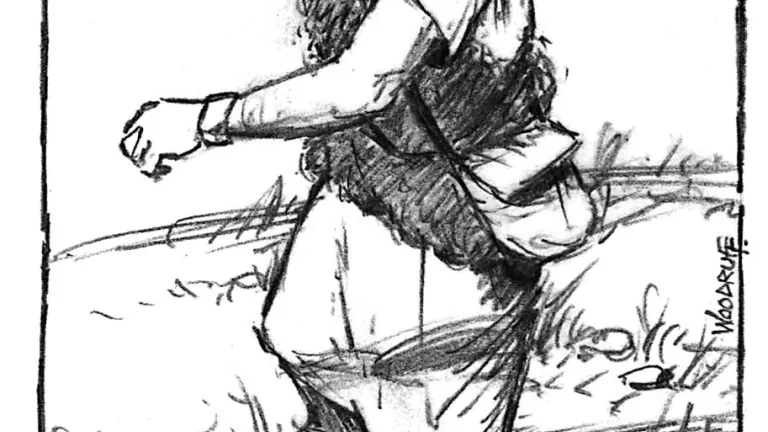 David slung the stone and struck the Philistine in his forehead, and he fell on his face to the earth. Illustration of David using a slingshot.
