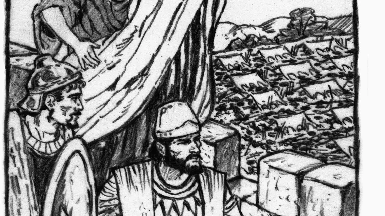 That night God sent an angel to kill 185,000 in the Assyrian camp. When the survivors awoke, they were shocked to find so many of their fellow soldiers dead. Illustration of Isaiah.