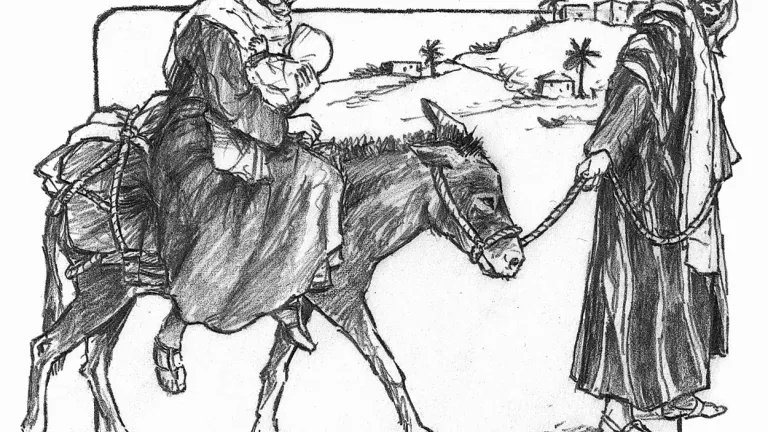 Illustration of Joseph and Mary fleeing to Egypt.