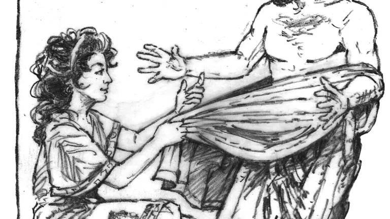Illustration of Joseph fleeing from Potifar's wife.