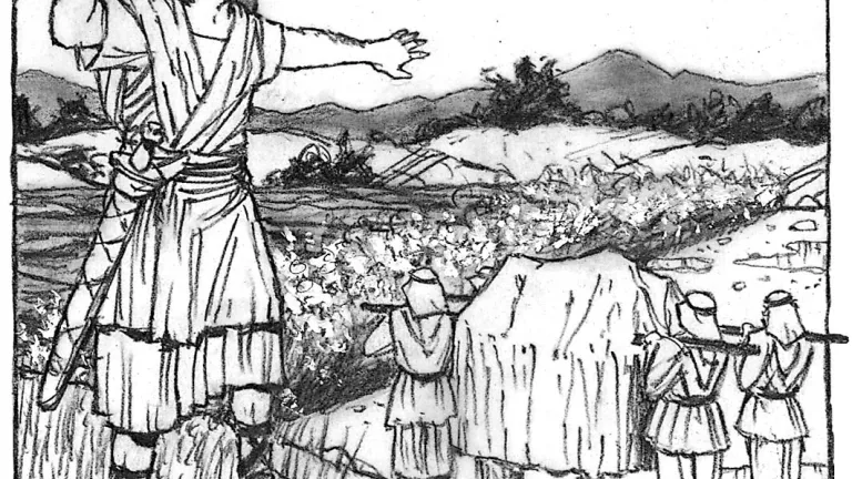 The Israelites were astonished when, as the priests bearing the ark stepped into the water, “the waters which came down from upstream stood still, and rose in a heap.” Illustration of Joshua and the crossing of the Jordan river.