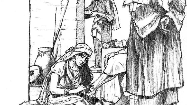 “Then Mary took...costly oil of spikenard, anointed the feet of Jesus, and wiped His feet with her hair. And the whole house was filled with the fragrance...” Illustration of Mary and Martha