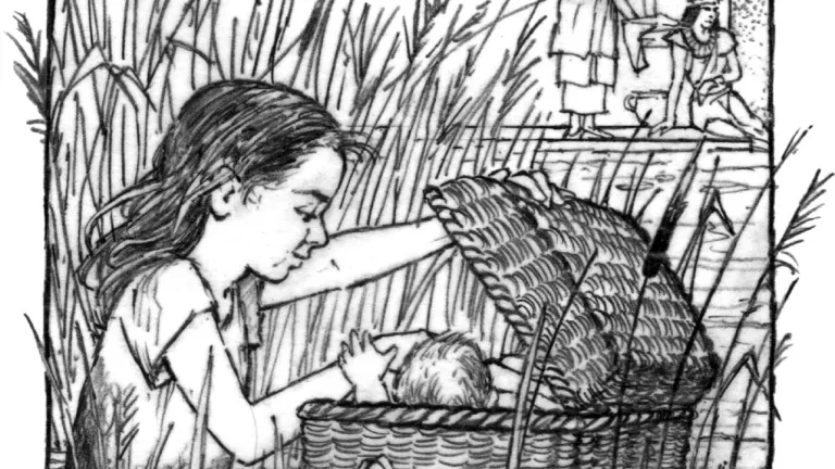 Illustration of Miriam watching over Moses in a basket on the Nile River.