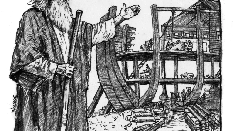 Noah and his sons continued their work on the ark, faithfully and consistently. Railing and ridicule didn’t cause them to lose heart and quit. Illustration of Noah building the ark.