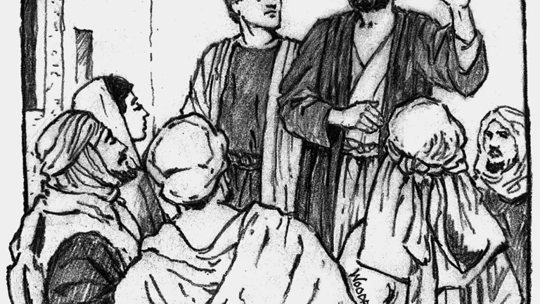 Illustration of Paul and Timothy preaching.