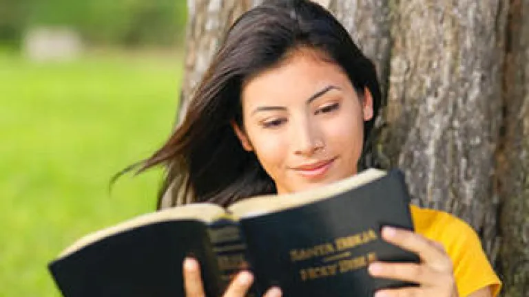 The Answer to the Madness A young woman reading a Spanish version of the Bible (Santa Biblia).