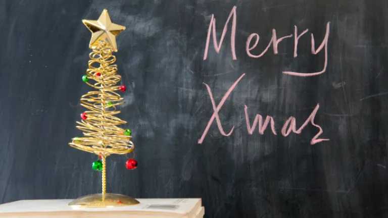Merry Christmas written on a chalk board.