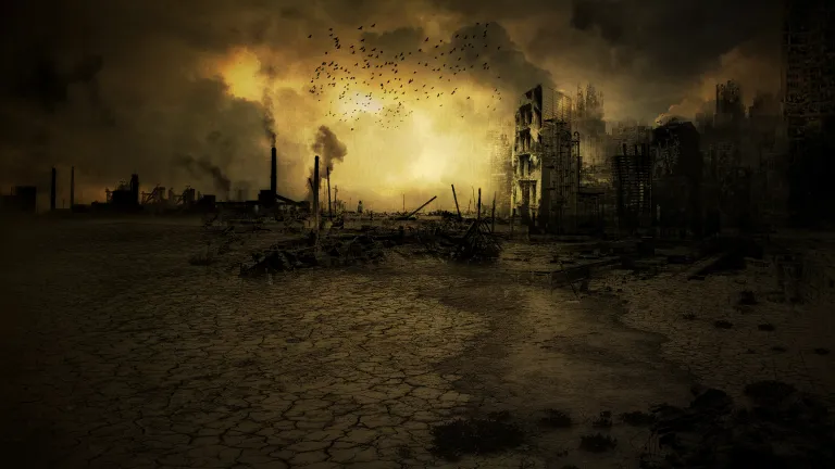 An illustration of a city that is in ruins.