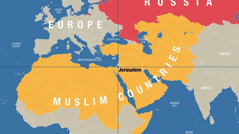 Any European-led invasion of the Holy Land, as foretold in Daniel's prophecy, would be viewed by Muslims in these regions as another “Crusade” against Islam. Map featuring Jerusalem at the center.