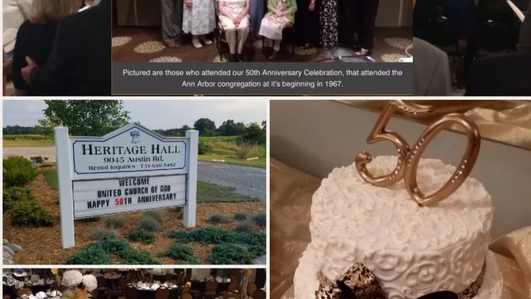 Collage of photos from the 50th anniversary party in Ann Arbor, Michigan.