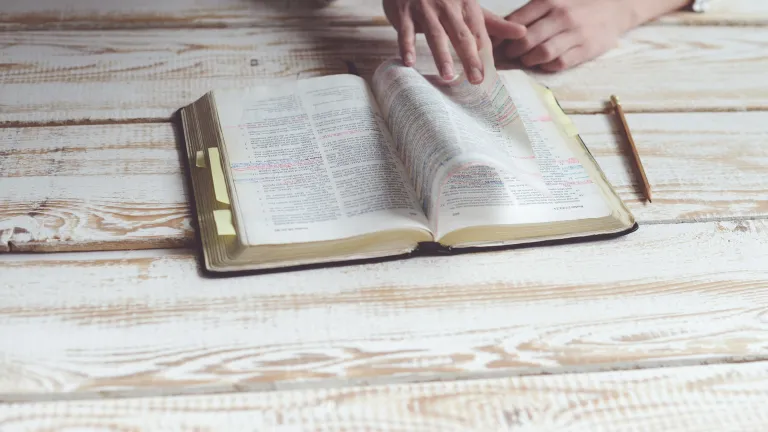 Photo of a marked up bible on a wooden table with a person's hands flipping through it. A pencil lays on the table next to the Bible.