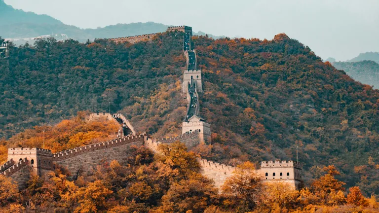 the great wall of china amid trees with autumn leaves