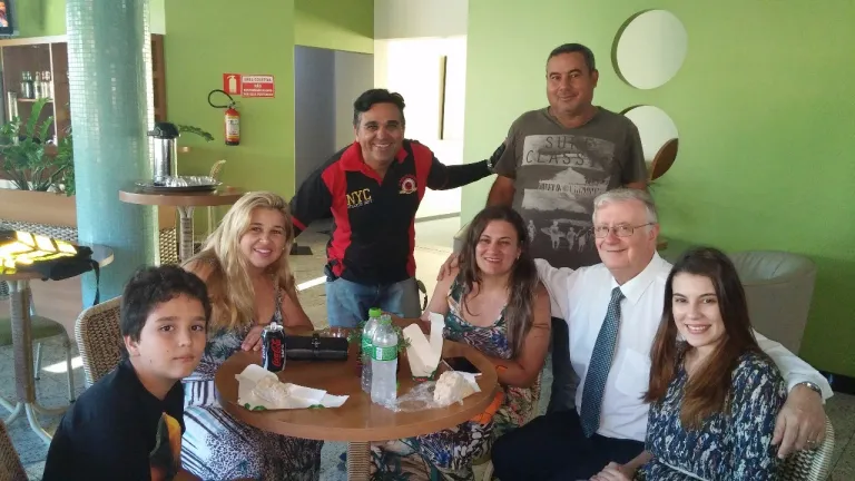 Jorge de Campos with members after church services in Uberlândia, Brazil.