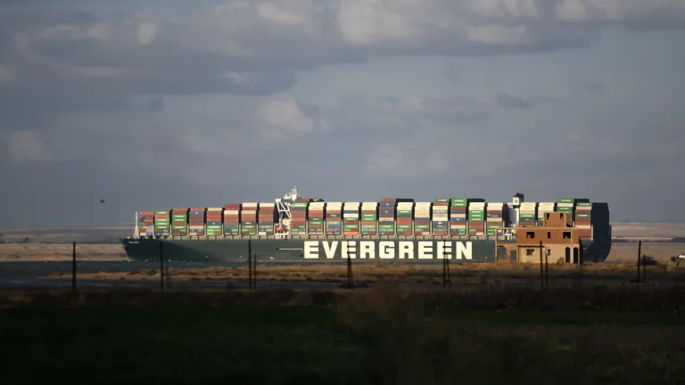 The Ever Given in the Suez Canal.