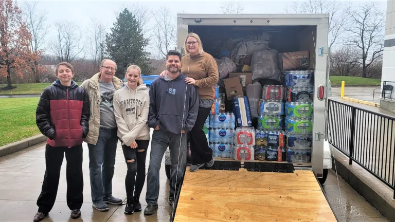 Truck ready to leave the home office as part of a three-vehicle convoy taking relief items to Bowling Green, Kentucky.