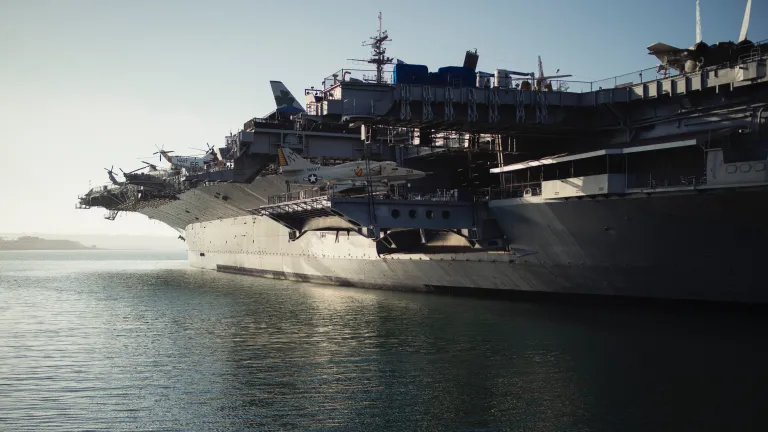 A photo of an aircraft carrier in San Diego, California