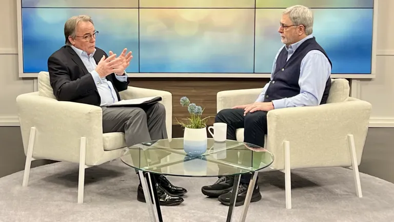 A photo of Darris McNeely and Timothy Mahoney on the Beyond Today television set.