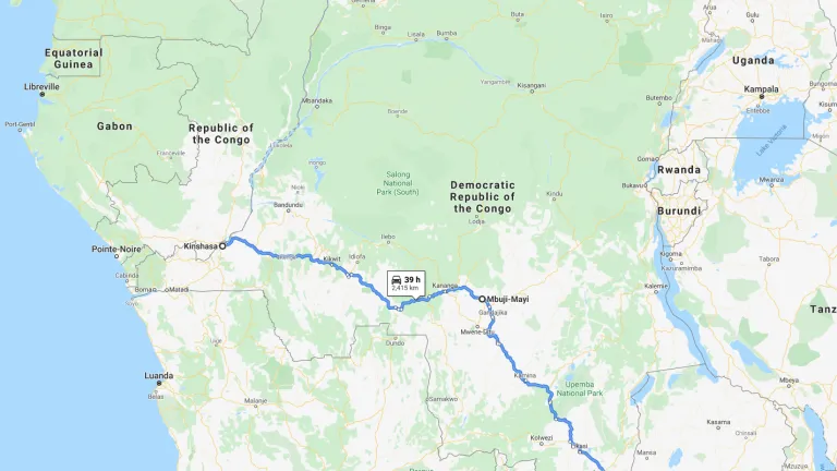 Google map screenshot of DR Congo and the path that Tim Pebworth will take on his journey.