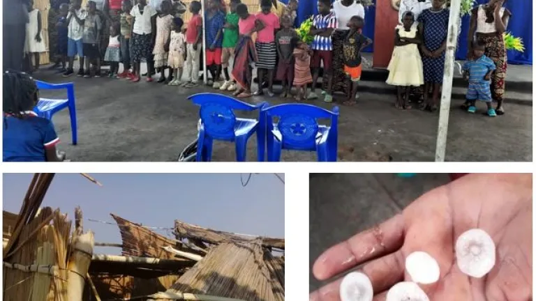 Top: Blessing of 24 little children; Bottom: Damage from destructive rain, wind and hail; hailstones pictured.