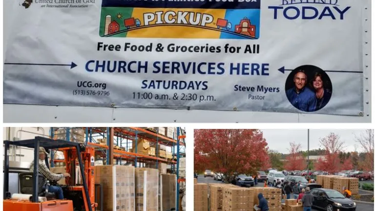 Collage of three photos: the food drive sign, Tim Sipes moving boxes with a forklift and aerial shot of brethren loading boxes,