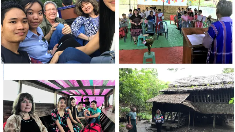 Clockwise from top left: Tuk-tuk in Myanmar; Sakhangyi church from the stage; a home in Sakhangyi; inside the boat to Sakhangyi.