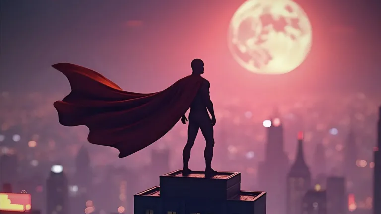 a superhero with a red cape silhouetted against a pink sky with a glowing moon above a cityscape