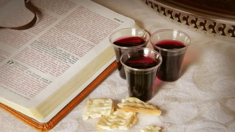 an open Bible, three small cups of wine, and some crumbled pieces of matzo
