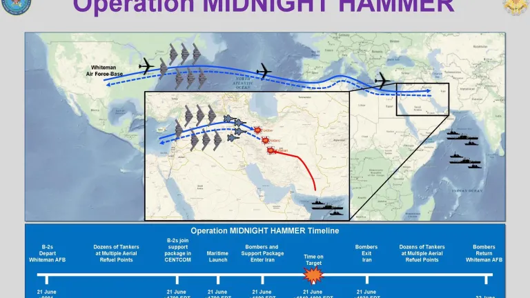 A graphic released by the Pentagon showing the timeline of “Operation Midnight Hammer,” in which U.S. aircraft bombed Iranian nuclear facilities. 