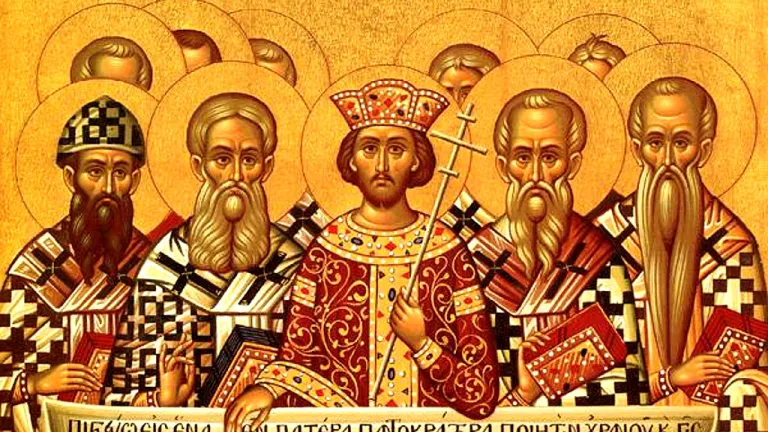 Symbolum Nicaeno-Constantinopolitanum. Icon depicting the First Council of Nicaea with ten men and a text of the Nicean Creed in Greek.