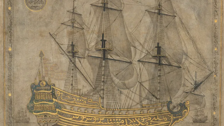 A drawing of an ancient ship