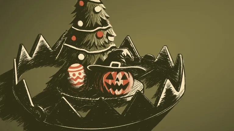 Illustration: A Christmas tree, Easter egg and Halloween jack-o-lantern setting inside a metal trap.