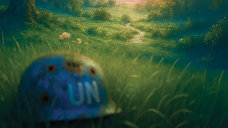 Eighty years after its founding, the United Nations still cannot deliver the peace it envisioned—but Scripture promises that true and lasting peace will come only through the reign of Jesus Christ, the Prince of Peace. An artistic rendering of a blue UN helmet laying in grassy field.