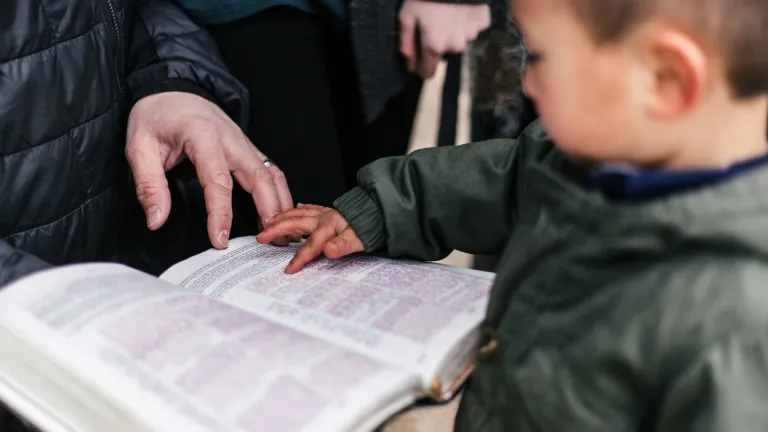 A young child touching a Bible