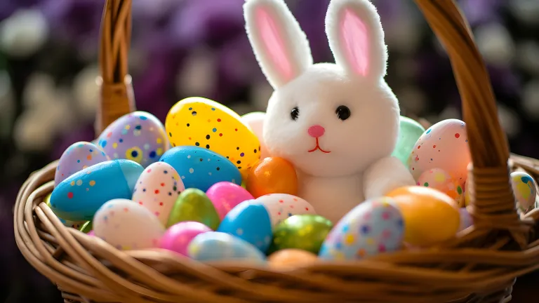 Basket full of Easter eggs with a stuffed rabbit