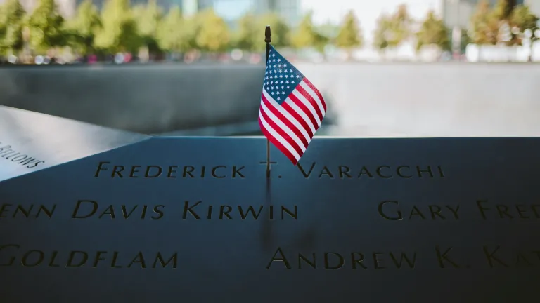 An American flag at the 9/11 memorial