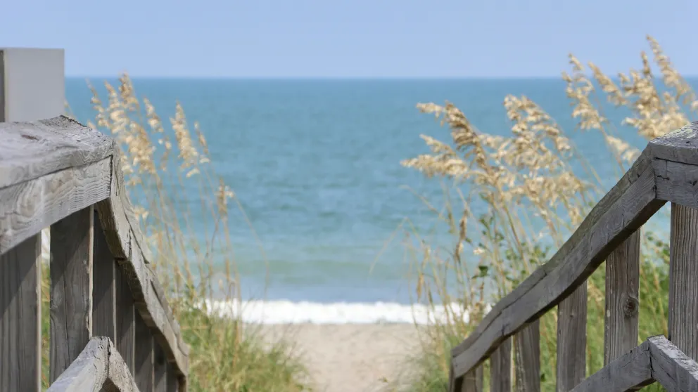 a bridge leading down to the beach