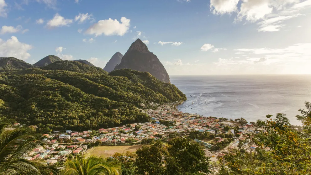 an oceanside view with mountains and green trees touching the edge of the water