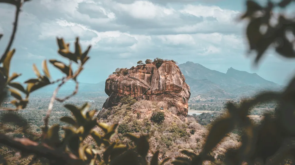 a rock formation with trees in the foreground and mountains in the background