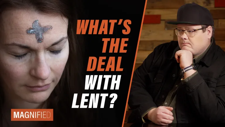Woman with ash cross on forehead, question asking "what's the deal with lent?"