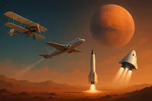 ChatGPT rendering showing technology from the first manned flight to rockets and spaceflight.