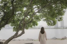 A woman standing under a tree and looking into the distance at a cityscape.