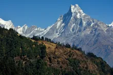 mountains in Nepal including a white summit and green trees