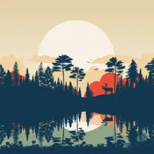 shapes of a forest, lake, moose and setting sun silhouetted in contrasting colors