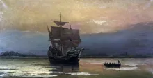 "Mayflower in Plymouth Harbor," by William Halsall, 1882 at Pilgrim Hall Museum, Plymouth, Massachusetts, USA