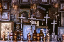 Religious idols and iconic trinkets.
