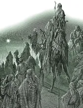 Artist woodcut of three wise men.