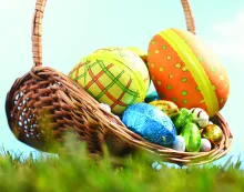 A basket with colorful Easter eggs.