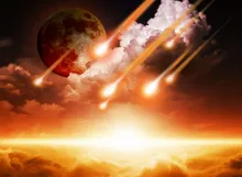 Artist illustration or meteor show with the moon in the background.