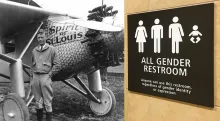 Charles Lindbergh with the plane The Spirit of St. Louis and a "all gender" restroom sign in San Diego Airport.